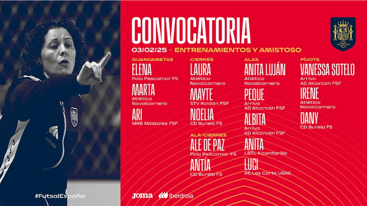 Conoce la convocatoria de la Selección Española Absoluta de Fútbol Sala Femenino para los entrenamientos de Febrero.